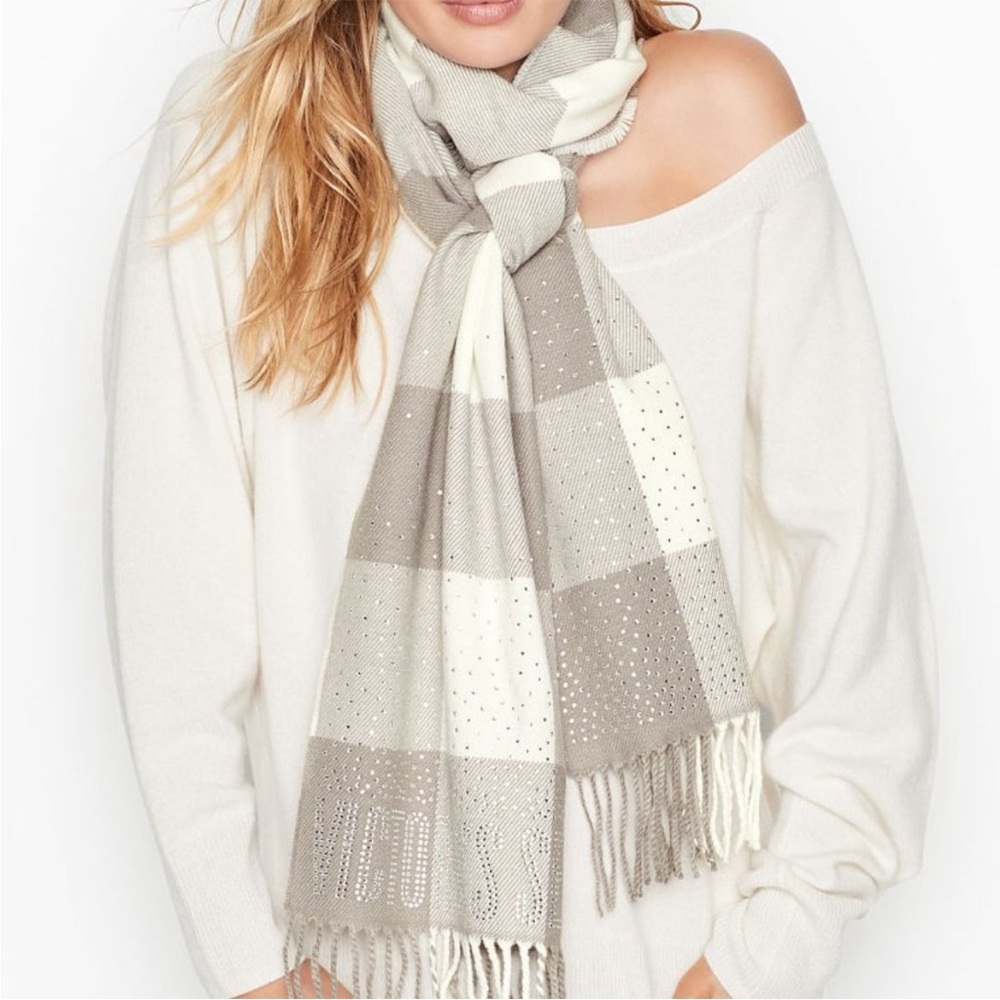 C Victoria's Secret Plaid Sparkle Gem Bedazzled Winter Christmas Holiday Scarf